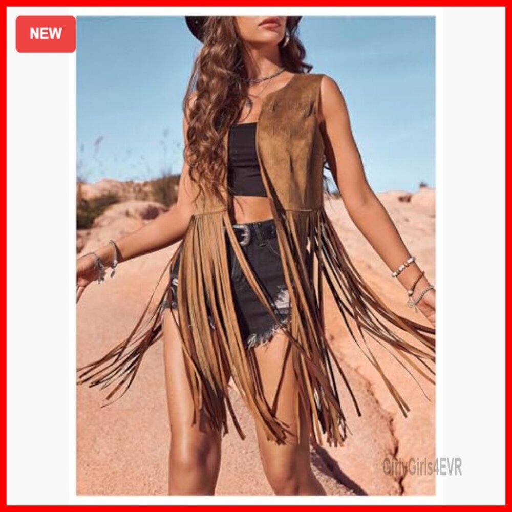 Faux Suede Fringe Vest Sleeveless Western Chic Crop Tassel Jacket - Picture 4 of 7